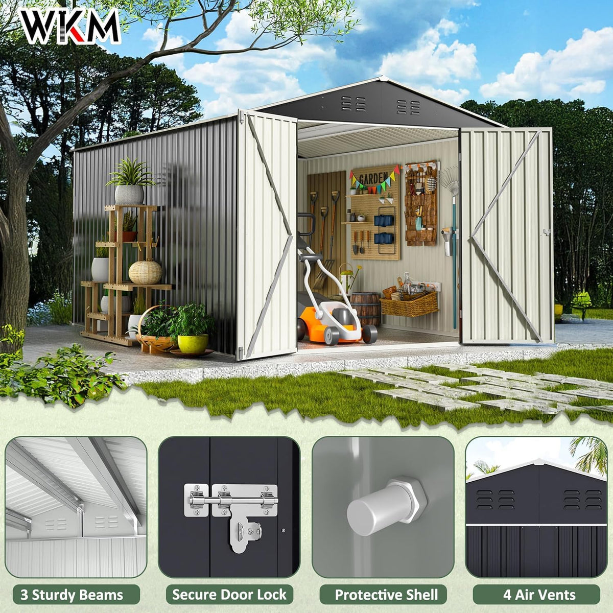 WKM 8X12 FT Outdoor Storage Shed, Utility Metal Tool Storage with Lockable Doors and Updated Frame Structure, Metal Garden Shed for Backyard, Patio Lawn, Black