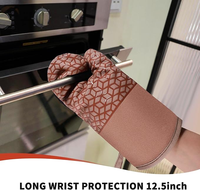 Oven Mitts And Pot Holders Set 6Pcs,Kitchen Oven Glove,High Heat Resistant 500°F Large Size Oven Mits And Potholders With Soft Cotton Lining And Non-Slip Silicone Surface For Cooking (Brown)