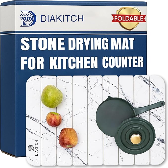 Stone Drying Mat for Kitchen Counter – Super Absorbent Stone Dish Drying Mat, Foldable & Quick Dry, Diatomaceous Earth Mat for Dish & Bottle, Ideal for Kitchen - 23.6" x 15.4", White