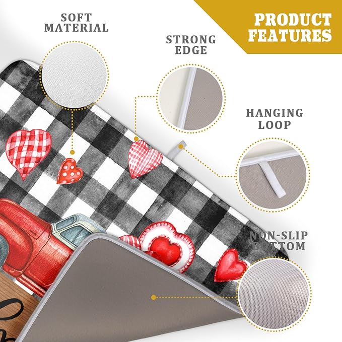 Valentine's Day Red Heart Truck Dish Drying Mat for Kitchen Counter,Black White Buffalo Plaid Love Drying Mat 18 x 24 Inch with Absorbent Reversible Microfiber Dish Drying Pad for Coffee Bar