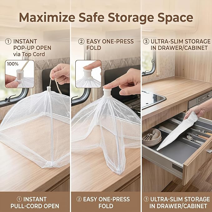 4-Pack Food Cover Mesh Food Tent for Kitchen and Outdoor Use,2 x 17-inch & 2 x 14-inch Pop-Up Screen Tents to Protect Plants Plastic,Collapsible Reusable Covers for BBQ,Fruit Baskets, Parties, Camping