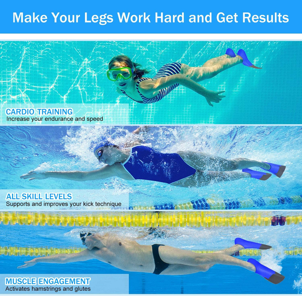Gintenco Swim Fins, Kids Swim Training Fins for Lap Swimming, Travel Size Flippers with Mesh Bag, Silicone Swimming Fins for Kids Teens Adults Women Men