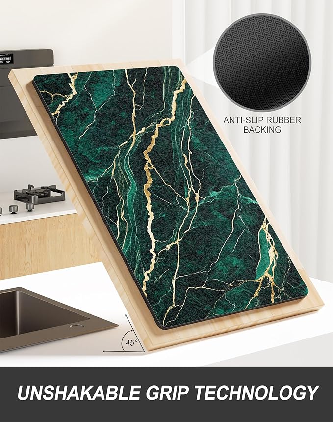 Rnivvi Dish Drying Mat for Kitchen Counter, XL 15 x 24" Cute Marble Absorbent Draining Pad, Non-Slip Heat Resistant Coffee Bar Mats for Coffee Machine Station Accessories, Green Gold Dish Rack Pad