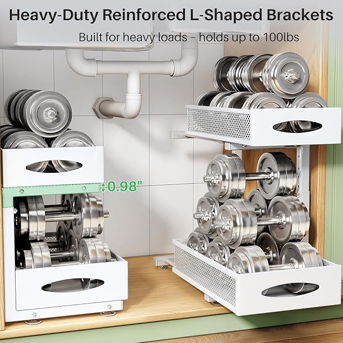 Under Sink Organizer, 2 Pack 2 Tier Pull out Cabinet Organizer Baskets with Mesh Sliding Drawers, Slide out Sink Storage Shelves for Kitchen, Bathroom, Pantry, Cabinet Organizers and Storage(White)