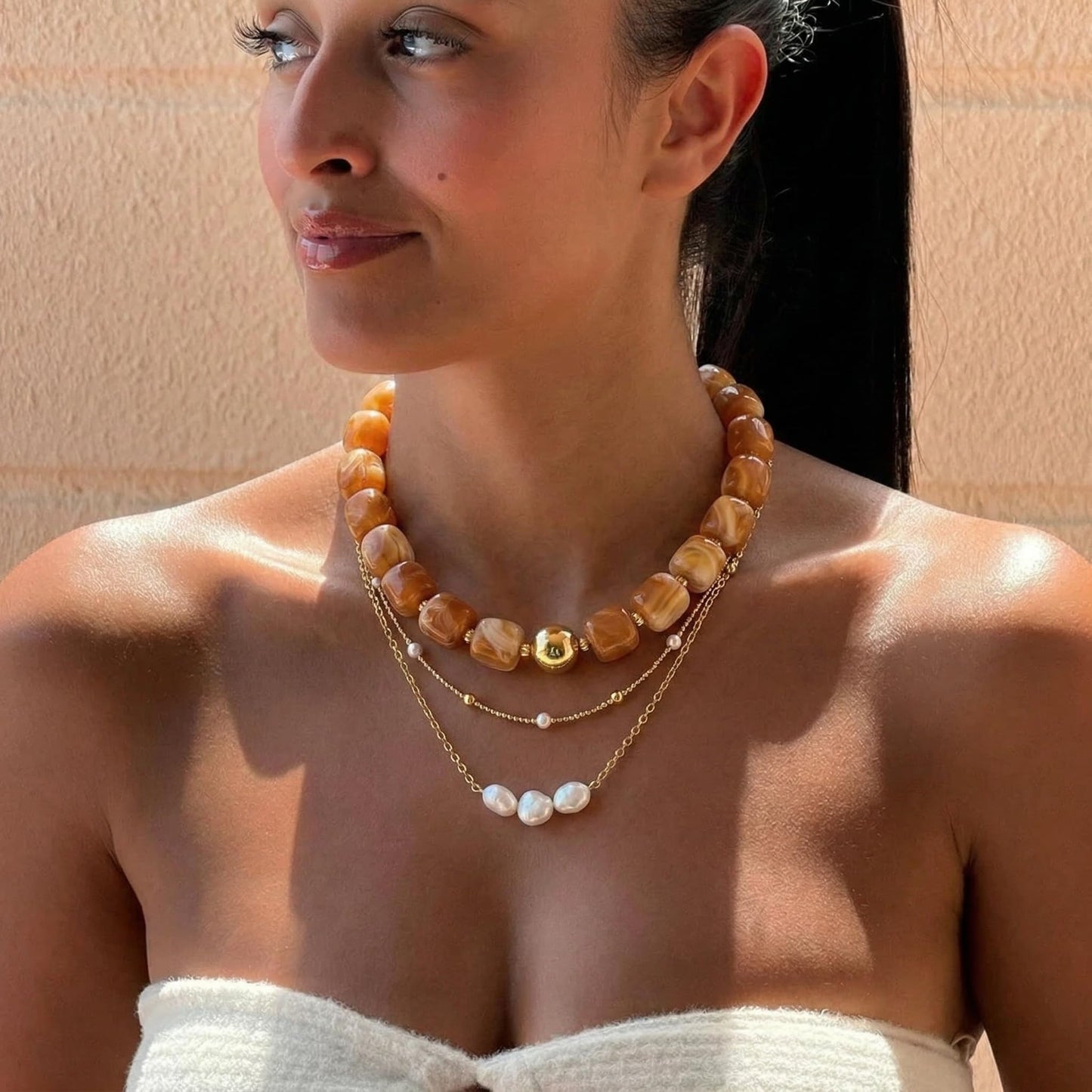 BREPINE Caramel Chunky Necklaces for Women Multicolored Large Square Resin Beads Necklace Trendy Bold Statement Beaded Summer Candy jelly Vacation Choker