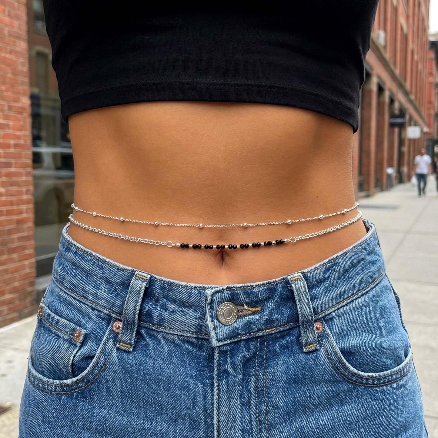Wriidy Layered Beads Waist Chain Women Silver Belly Chain Adjustable Silver Body Jewelry Accessories for Bikini