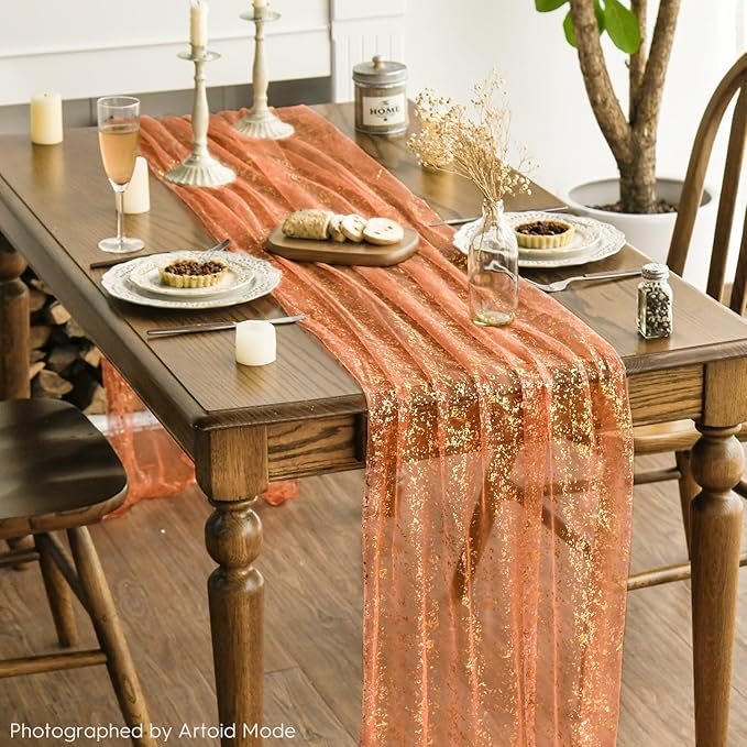 Artoid Mode Orange Gold Gauze Table Runner 120 Inch 10FT, Glitter Metallic Foil Sheer Dining Wedding Anniversary Holiday Table Decor for Home Party