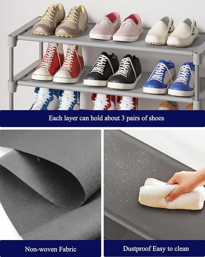 Kitsure Shoe Rack - Non-Woven Shoe Rack Shelf, Shoe Organizer for Closet, Entryway, Garage & Corridor, Stackable Shoe Shelves, 27.5" Wide - 3 Tier, Grey