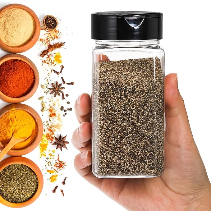 Bekith 16 Pack 9 oz Plastic Spice Jars with Black Cap, Plastic Spice Bottles Empty Seasoning Containers for Storing Spice, Herbs and Powders