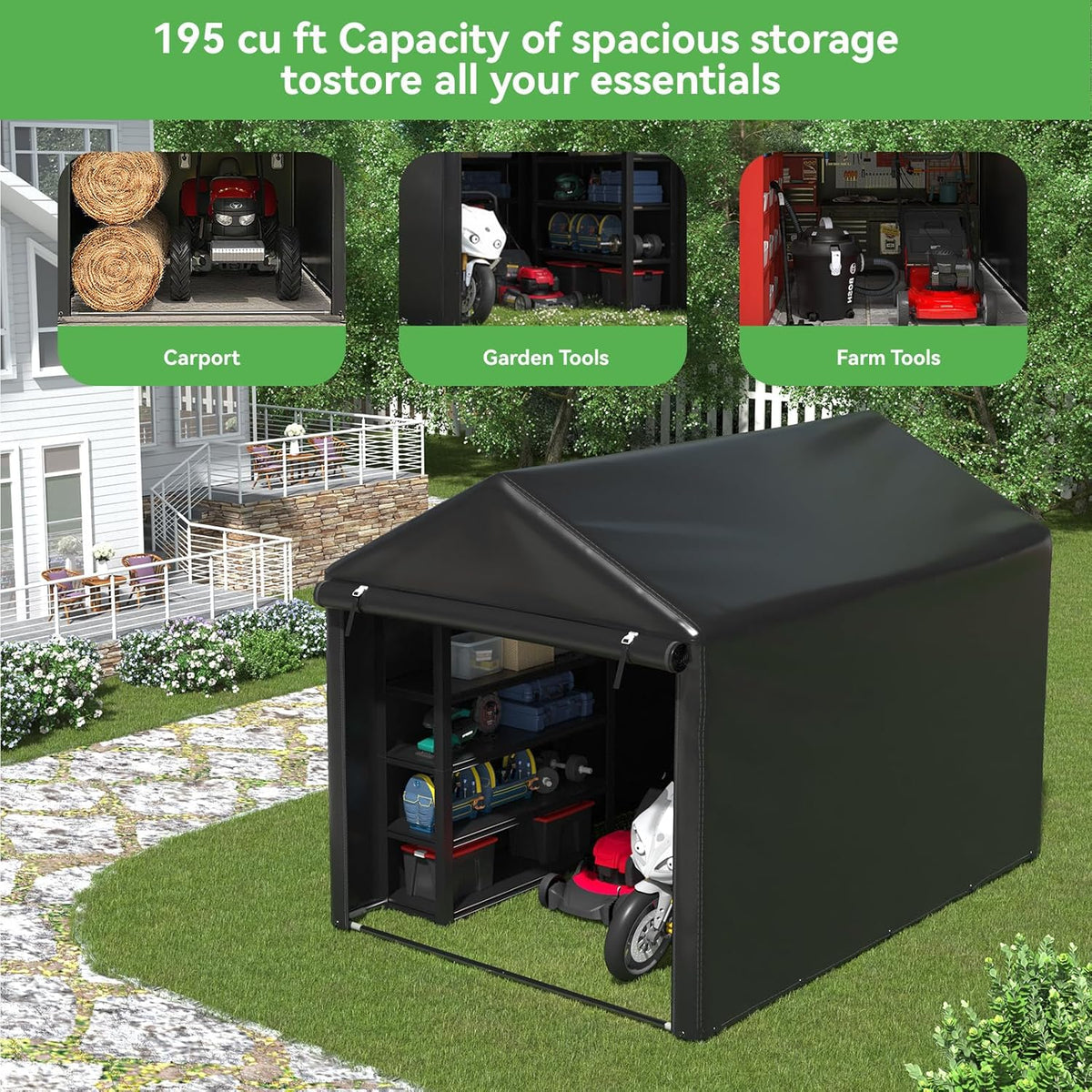 EROMMY 5x7 FT Carport Storage Shed, Heavy Duty Outdoor Storage Shed with Rolled up Zipper Door, Carport Canopy for Motorcycles, Bikes and Outdoor Tools