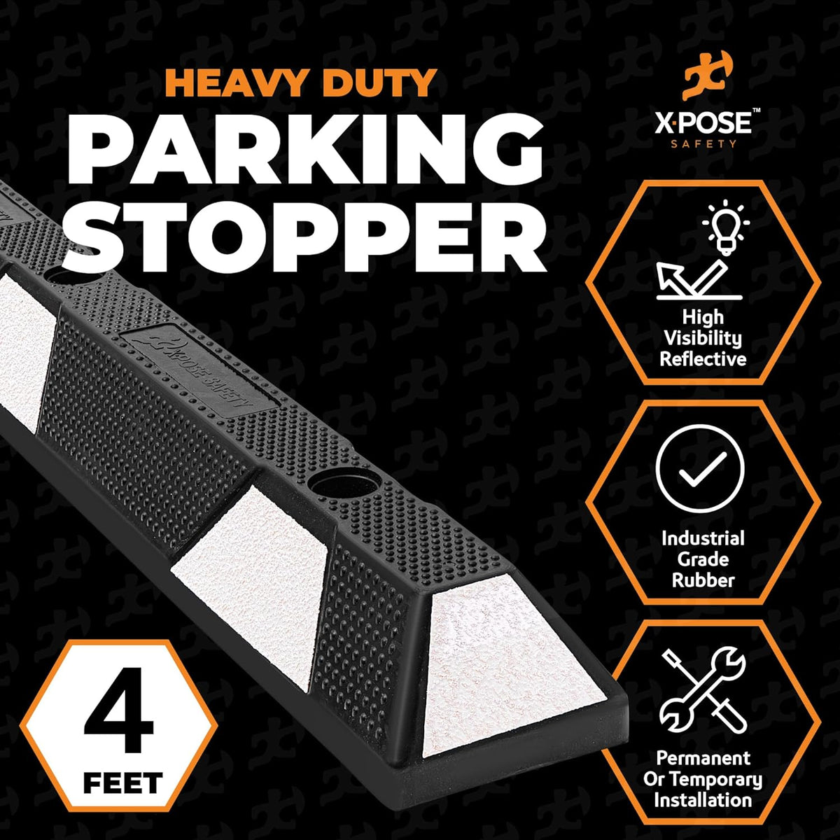 Xpose Safety 48" Heavy Duty Rubber Parking Stopper – Bulk Full Pallet 50 Pack Wheel Blocks for Garage, Driveway, or Ramp – Car Bumper Stop with White Reflective Strips – Removable Floor Mount