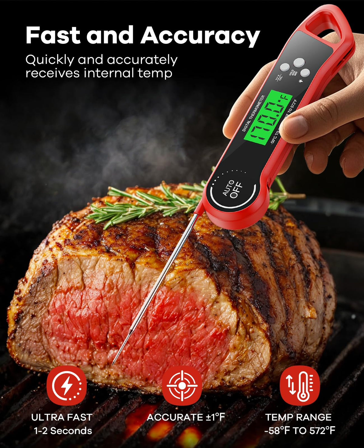 SILVLF Meat Thermometer Digital, Instant Read Thermometer with Backlight, Calibration & Hold Function, Waterproof Food Thermometer for Kitchen and Outside, BBQ, Turkey, Candy, Liquids, Beef (Red)