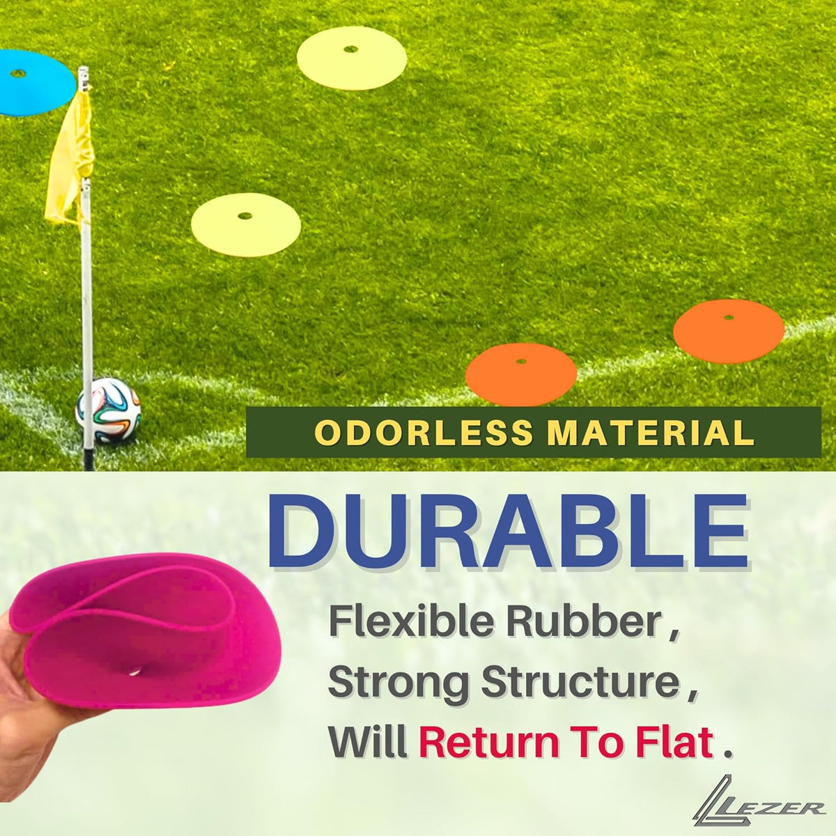 LEZER 9 Inch Flat Cones, Spot Markers, Soccer Cones, Field Court Markers, Sit Spots, Flat Discs, Soccer Training Equipment, Agility Practice, Football, Made in Taiwan