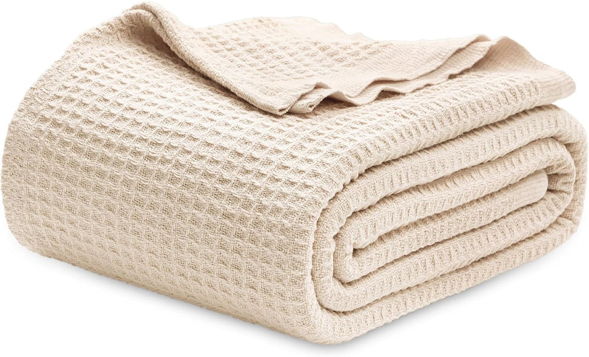 Bedsure 100% Cotton Blanket Queen Size for Bed - Breathable and Soft, Waffle Weave Blanket for Summer, Thick Cozy Fall Blankets for Women Gift, Yellowish Cream, 90x90 Inches