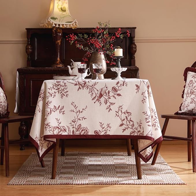 ISAENNE Designer Vintage Linen Square Tablecloth,Red Floral Pattern Linen Stain Resistant Table Cloth,Decor Tablecloths for Dining Thanksgiving Kitchen Christmas Party,67"*67"-Harmony