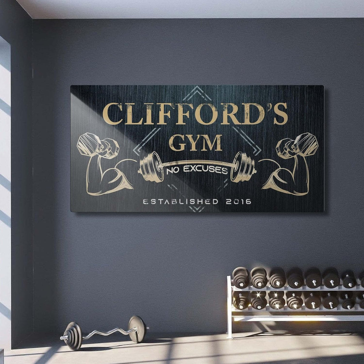 Tailored Canvases Personalized Gym Sign Wall Art Decor - Motivational Canvas for Home Gym, Workout Room, Garage, Fitness Center - Workout Inspirational Posters - Gym Name on Charcoal Background, 36x12in