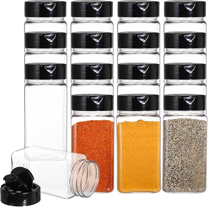Bekith 16 Pack 9 oz Plastic Spice Jars with Black Cap, Plastic Spice Bottles Empty Seasoning Containers for Storing Spice, Herbs and Powders