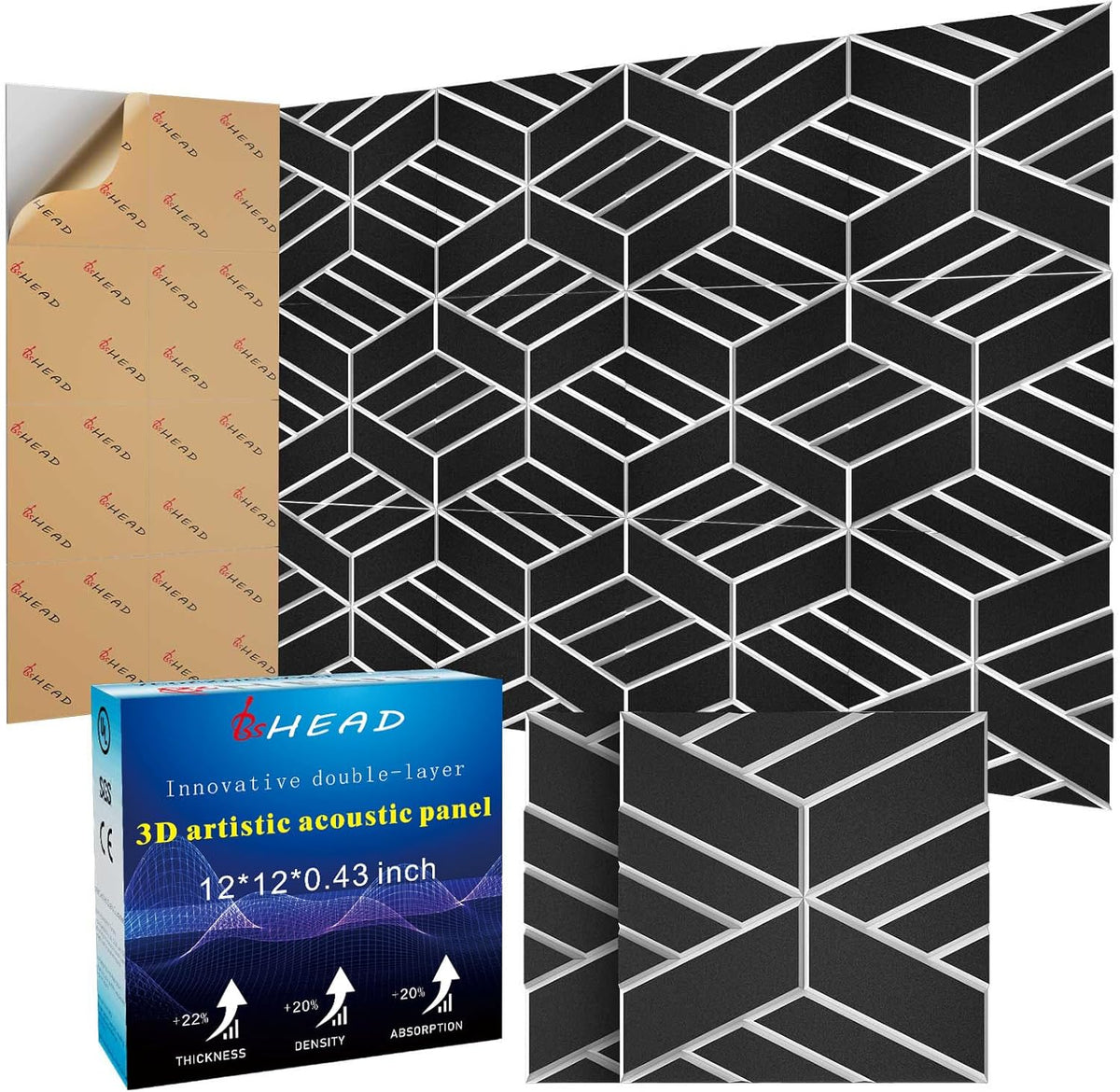 8 Pack 2-Layer Soundproof Wall Panels, 12 x 12 x 0.43 in Sound Proof Foam Panels for Walls, 1.1lb/ft³ High Density, Thicker 0.43 in, 3D Acoustic Panels,Artistic Noise Dampening Panels Black&White