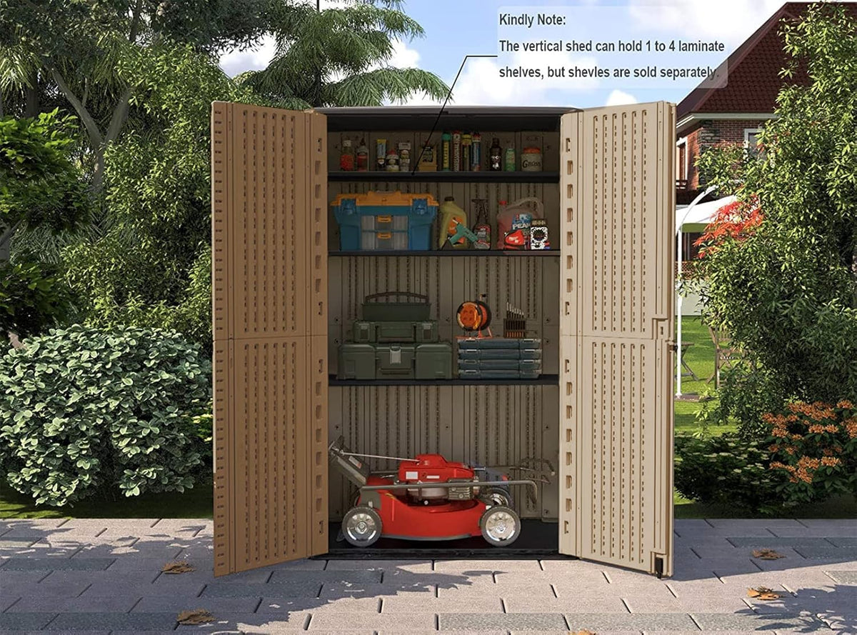 HOMSPARK Storage Shed Weather Resistance, Multi-Purpose Outdoor Storage Cabinet for Backyards and Patios, Horizontal Storage Shed for Lawnmower, Patio Accessories (Coffee, Tall - 53 cu.ft)