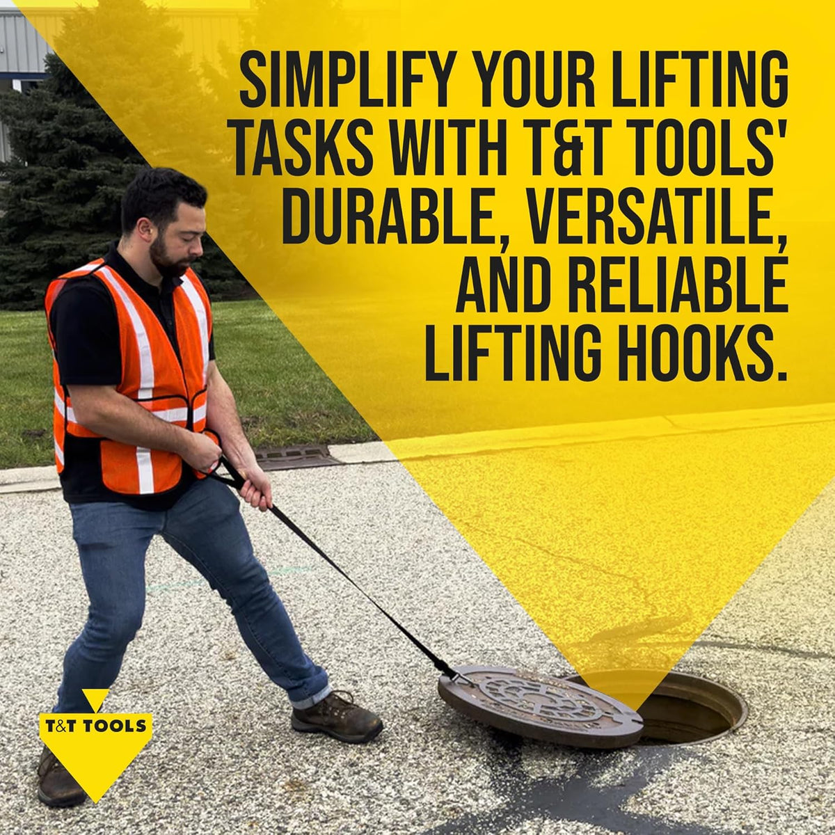 T&T Tools Lid Sling Hook - Lift Manhole Covers & Storm Drain Cover, Versatile Lifting Hooks, Rigid Steel Tool Hook for Moving (Short & Long)