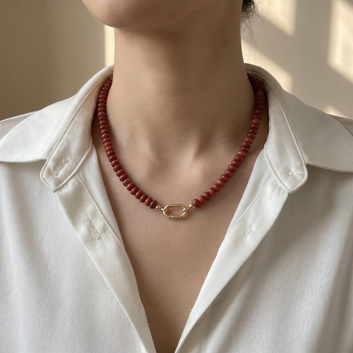 CONRAN KREMIX Brick Red Stone Beaded Necklace for Women,Natural Stone Bead Choker Necklaces Boho Summer Beach Necklace Gemstone Jewelry Gift for Women