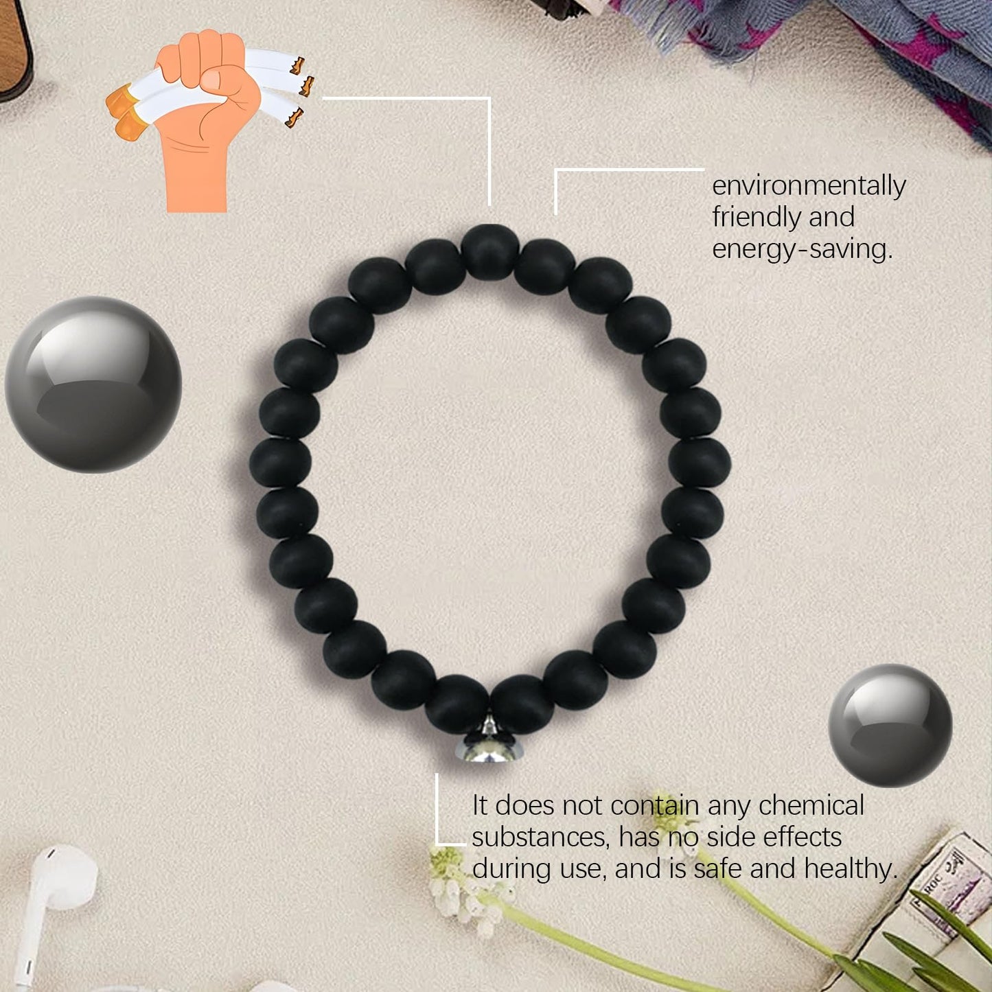 Mengji Life Glame Anti Smoking Bracelets for Women Men, Magtherapy Quitting Bracelet Stretch Adjustable Stop Smoking Cessation Effective Handmade Jewelry Gifts (2pcs-balck)