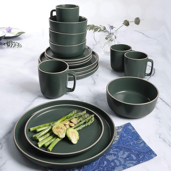 Gibson Home Zuma 16 Piece Round Kitchen Dinnerware Set, Dishes, Plates, Bowls, Mugs, Service for 4, Matte Stoneware, Green