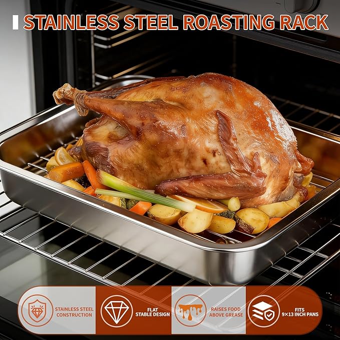 Roasting Rack for 9x13 Inch Pan, Stainless Steel Roasting Rack Insert, with Parallel Wires and Raised Feet, Keeps Food Elevated for Even Broiling, Easy to Clean, Ideal for Chicken, Turkey and Meat