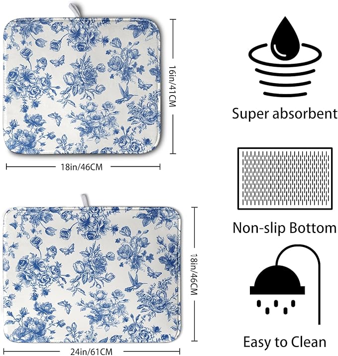Dish Drying Mat for Kitchen Counter Blue and White Floral Drying Mats Chinoiserie Vintage Flowers Dish Drying Pad for Dishes Microfiber Absorbent Dish Drainer Rack Mat for Countertop 16x18 Inch