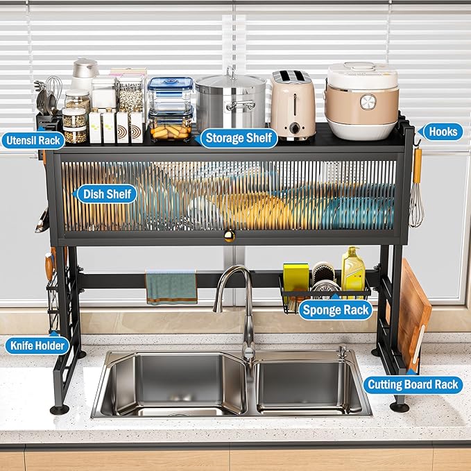 SNSLXH  2-Tier Over The Sink Dish Drying Rack, 33.66"×31.1"×11.81", Large Sink Rack for Kitchen, Saving Kitchen Space, Cover Design Holds Dishes, Bowls, and Cutlery, Kitchen Sink Shelf