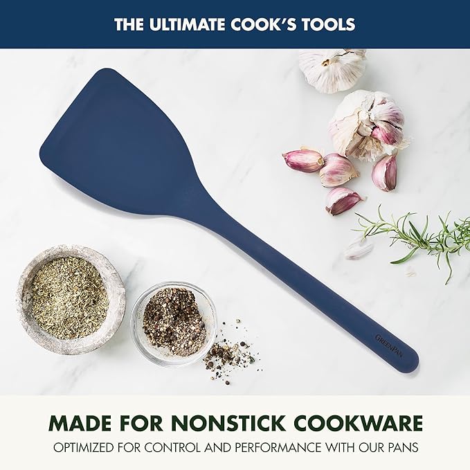 GreenPan Silicone Solid Turner Spatula, Flipping Cooking Kitchen Utensil, Flexible Rubber Nonstick Cookware, Rigid Steel Core, Heat-Resistant, Anti-Slip Handle, BPA-Free, Dishwasher Safe, Blue