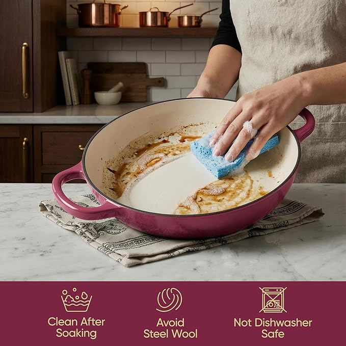 Vintage Style 3 Quart Enameled Cast Iron Braiser, Non Stick Enameled Cast Iron Skillet with Lid, Dutch Oven Skillet with lid up to 500°F for Oven, Stove, Grill, Shallow Dutch Oven for Cook, Bake (Rose)