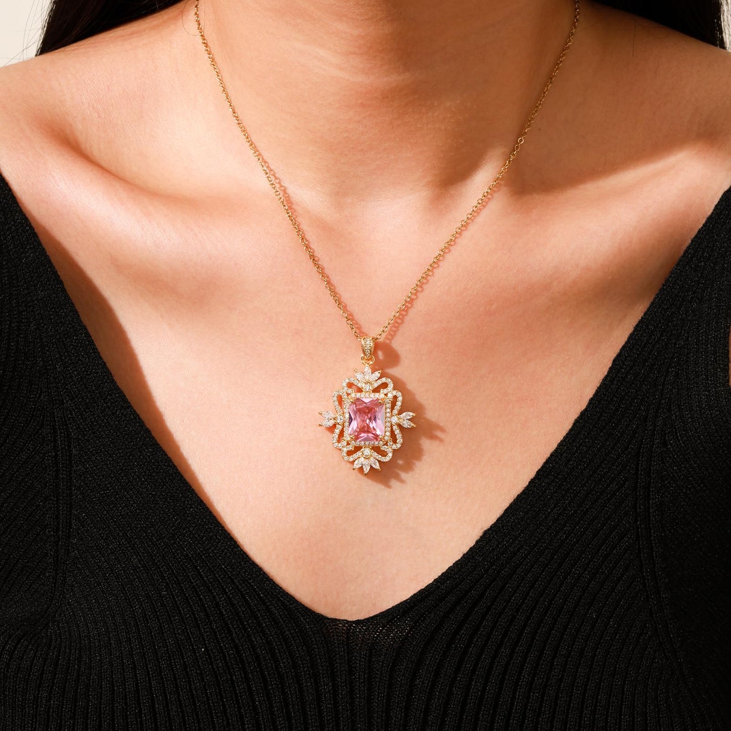 Pink Square October Birthstone Rose Quartz Necklace for Women-Gold Plated Rose Quartz Jewelry Waterproof Non Tarnish Baroque Maximalist Jewelry For Birthday Valentines Day Mother's Day Christmas Thanksgiving Gifts