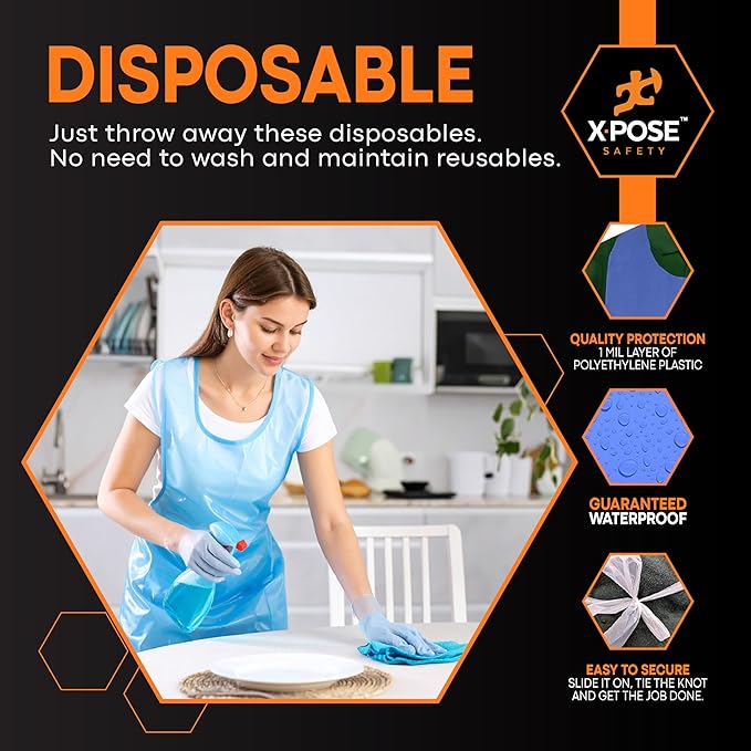 Xpose Safety 300 Blue Plastic Disposable Aprons for Cooking & more Individually Packaged, Durable 1 Mil Waterproof Polyethylene 24" x 48"