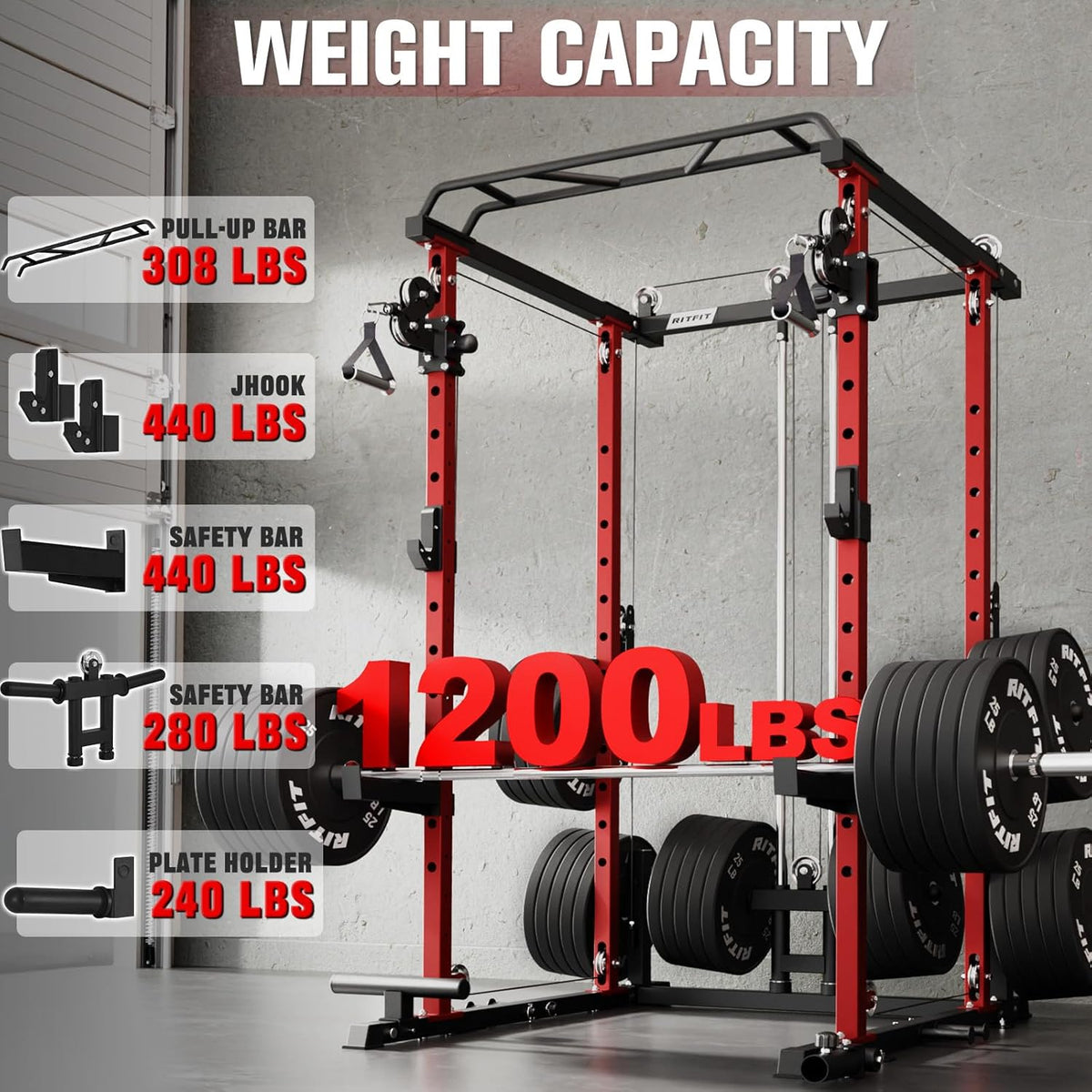 RitFit Power Cage with Optional LAT PullDown/Cable Crossover, 1000LB Squat Rack for Home & Garage Gym, with Weight Storage Rack and More Training Attachments, ASTM-Certified