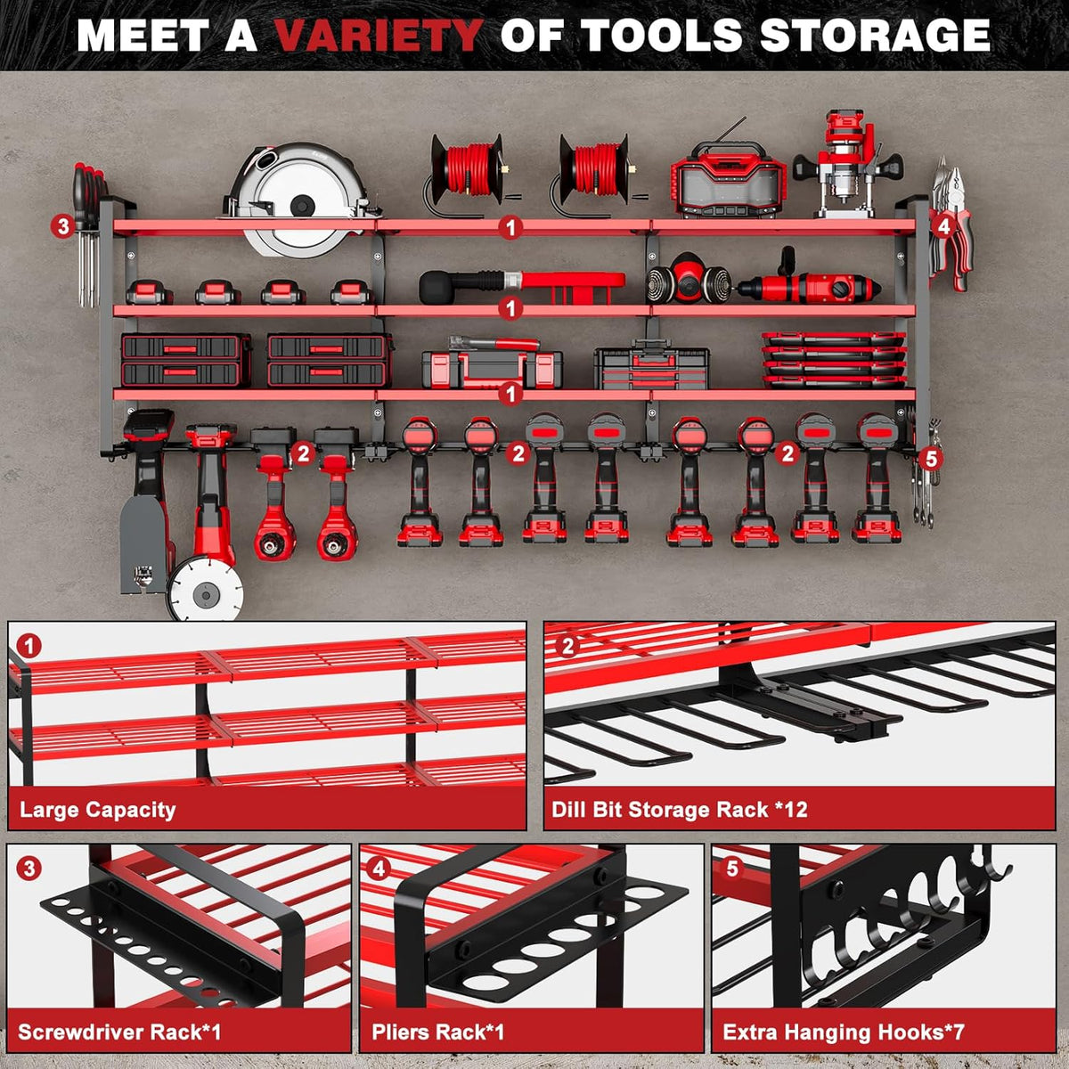 48" Large Power Tools Organizer Wall Mount,12 Drill Holder for Garage, Workshop Heavy Duty Storage Rack (Red)