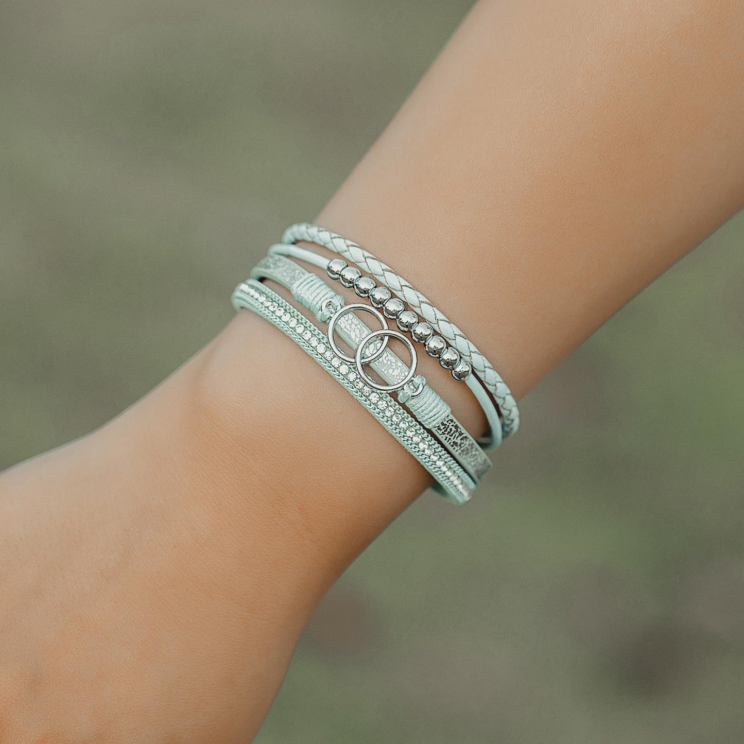 FANCY SHINY Boho Leather Wrap Bracelet Stackable Beaded Infinity Chunky Cuff Bracelets with Magnetic Clasp Western Hippie Outfits Jewelry Gifts for Women(Teal)
