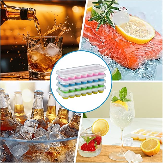Ice Cube Tray with Lid, Easy-Release, Flexible, Ice Cube Tray, Spill-Resistant, for Freezer, Cocktail, Drinks, Coffee, 2 Pack 28 Pcs, Blue,1.1x2.8x7.2 in