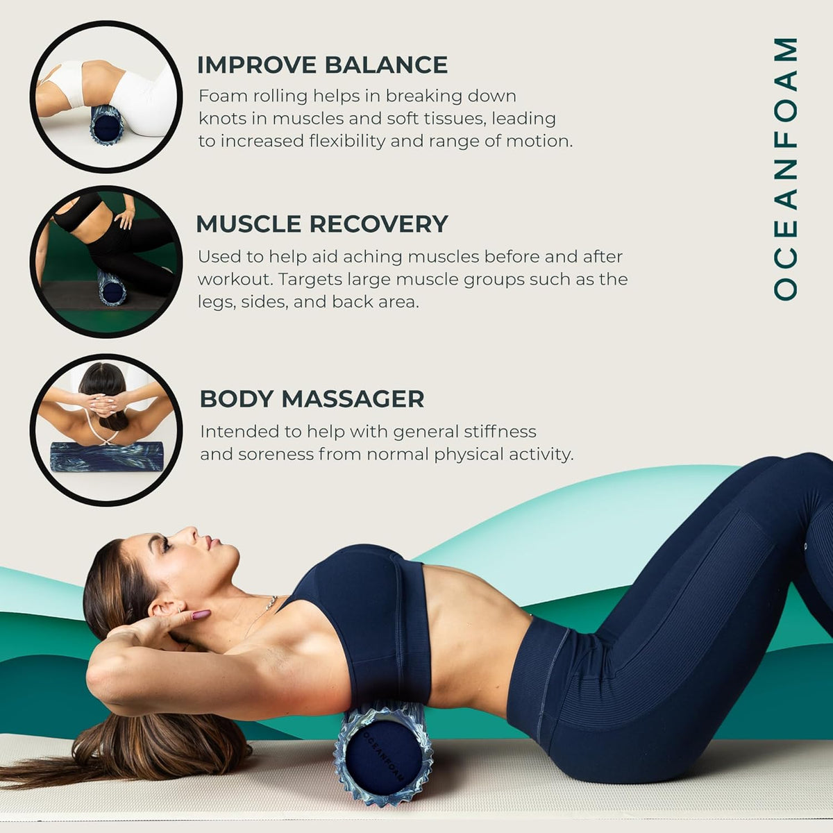 Oceanfoam Tidal Roller - Dark Navy, Hunter & Seafoam Marbled - Muscle Massage Foam Roller for Back Pain & Stretching - Firm & Ergonomic Wide Wave Textured - Yoga & Athletics - Full Size, 20" x 5"
