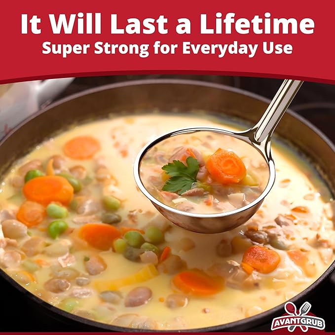 Super Sturdy, Ergonomic 8 Oz. Soup Ladle 1 Pk. Stainless Steel Ladles with Long Handles. Best Kitchen Accessories for Stirring, Portioning and Serving Soups, Chili and Stew in Restaurants and at Home