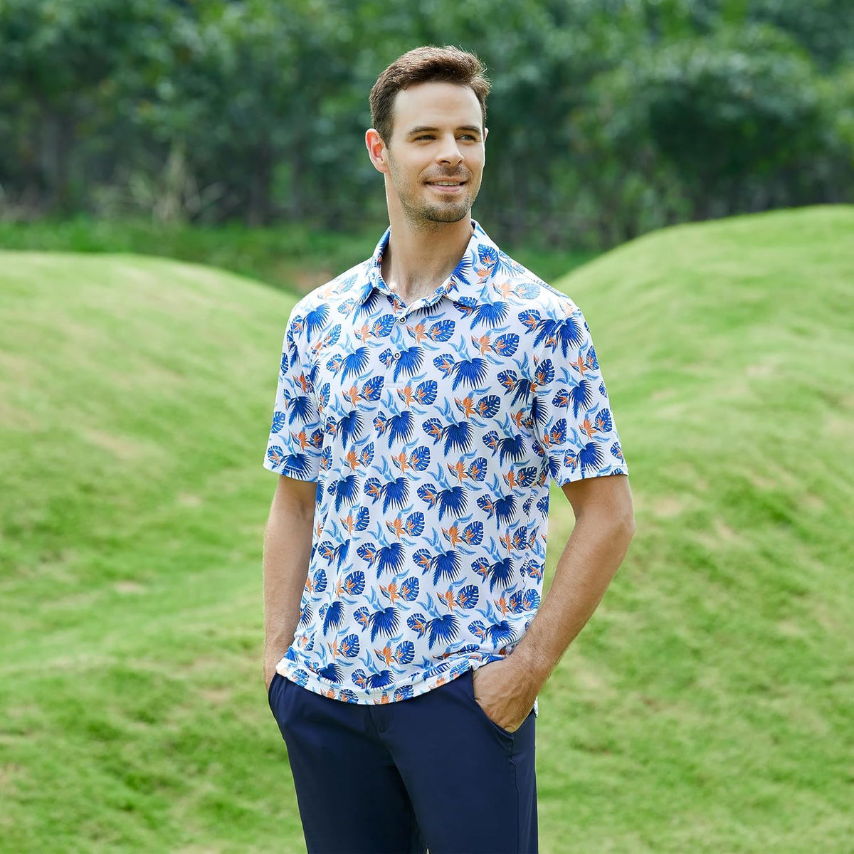 Esabel.C Golf Shirts for Men Dry Fit Performance Short Sleeve Print Moisture Wicking Collared Shirt