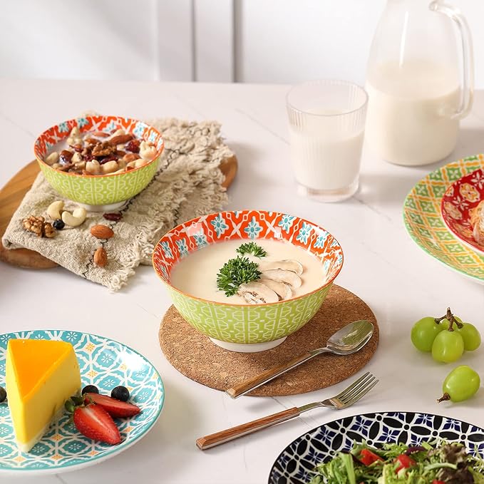 Ceramic Cereal Bowls, 23 Oz Colorful Soup Bowls, Deep Porcelain Bowl Set for Salad, Dessert, Pasta, Ice Cream,Set of 6