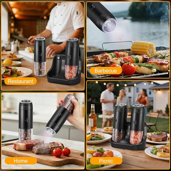 Rechargeable Gravity Electric Salt Grinder Set with Variable Grinding Speed, External Adjustable Coarseness, External Adjustable Coarseness, Charging Base and White LED Light,Black