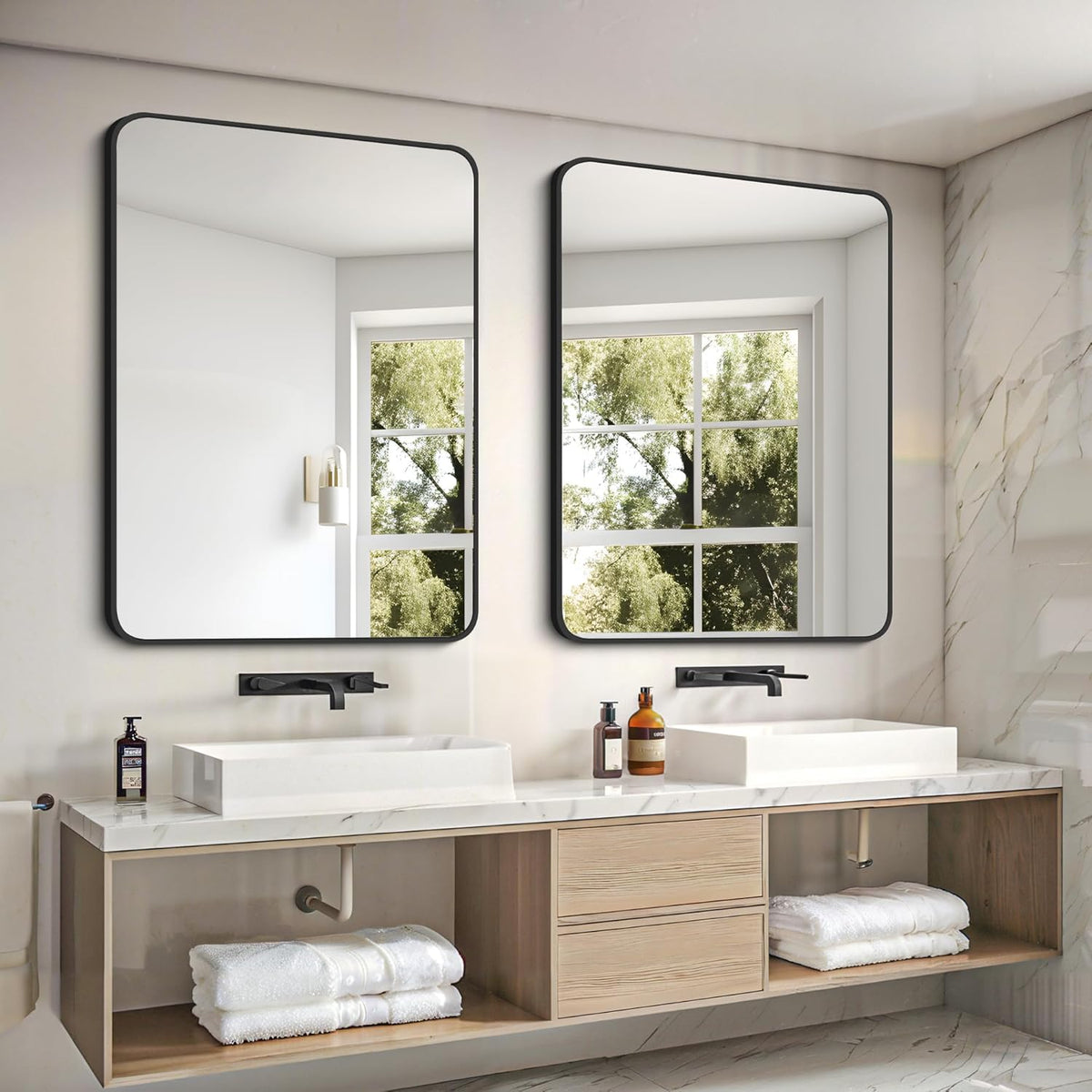 FORBATH Bathroom Mirror 30" X 40", Large Rectangular Wall Mirror, Black Metal Framed Rounded Corner Wall Mounted Mirror for Bathroom Bedroom Entryway Decor(Horizontal/Vertical)