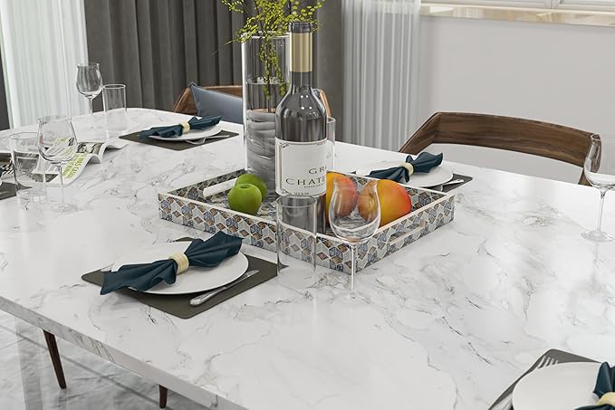 PEMAR Rectangular Mother of Pearl Serving Tray Coffee Table Ottoman Tray w Insert Handles, Luxury Decorative Handmade Eating Tray (Geometric Cube Pattern)