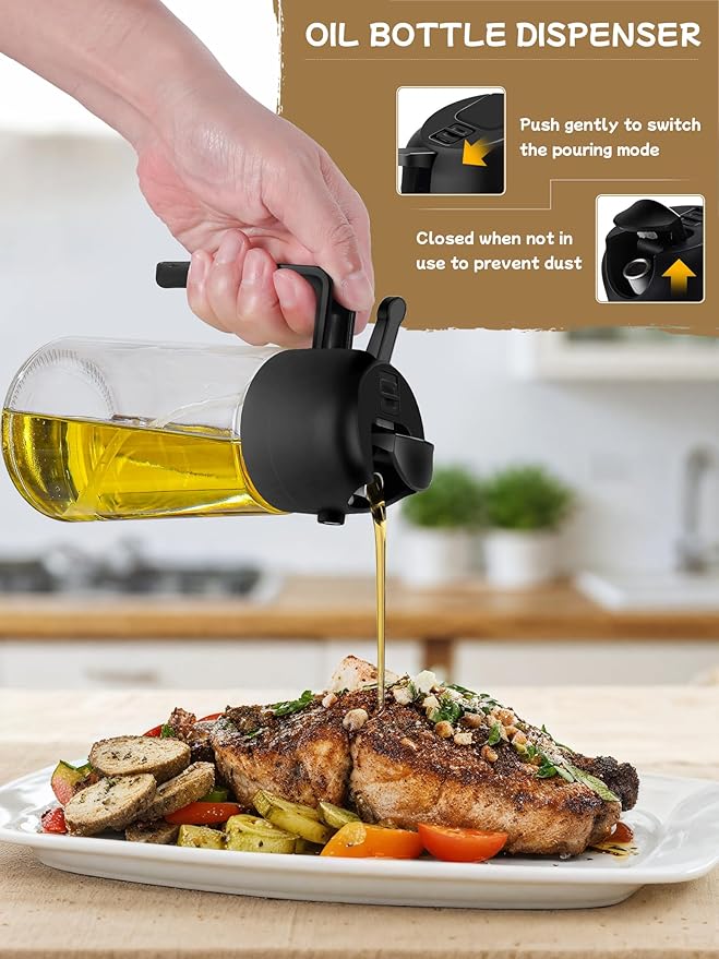 Kitchen Gadgets Oil Sprayer for Cooking 2pcs,Oil Dispenser for Kitchen,2 in 1 Oil Dispenser and Oil Sprayer,16oz Olive Oil Dispenser Bottle for Air Fryer,Salad, Grill (Black Kitchen Accessories)