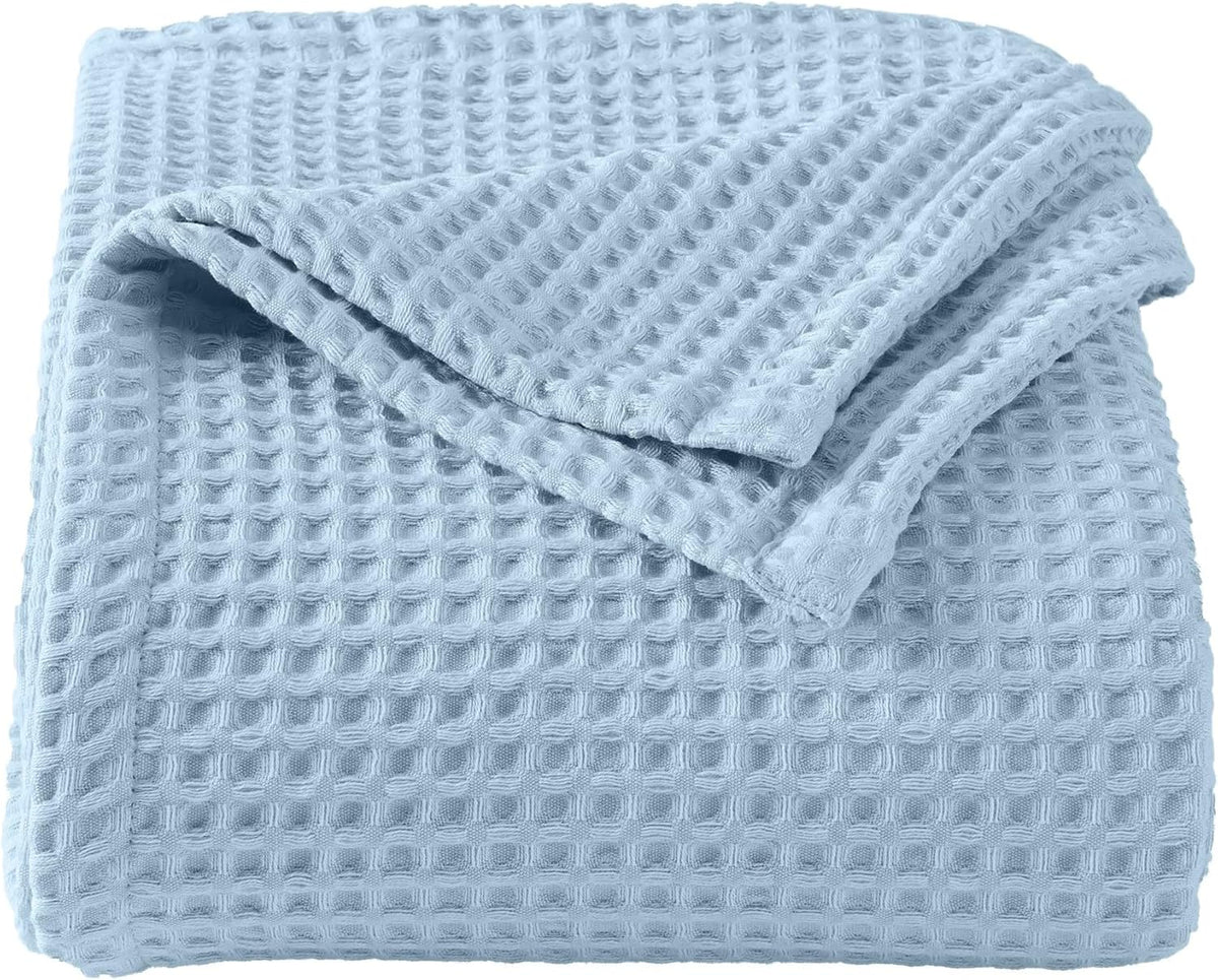 100% Cotton Waffle Weave Queen Bed Blanket | Soft, Breathable, and Lightweight Blanket for All-Seasons | Perfect for Layering | Brielle Collection (King, Sky Blue)