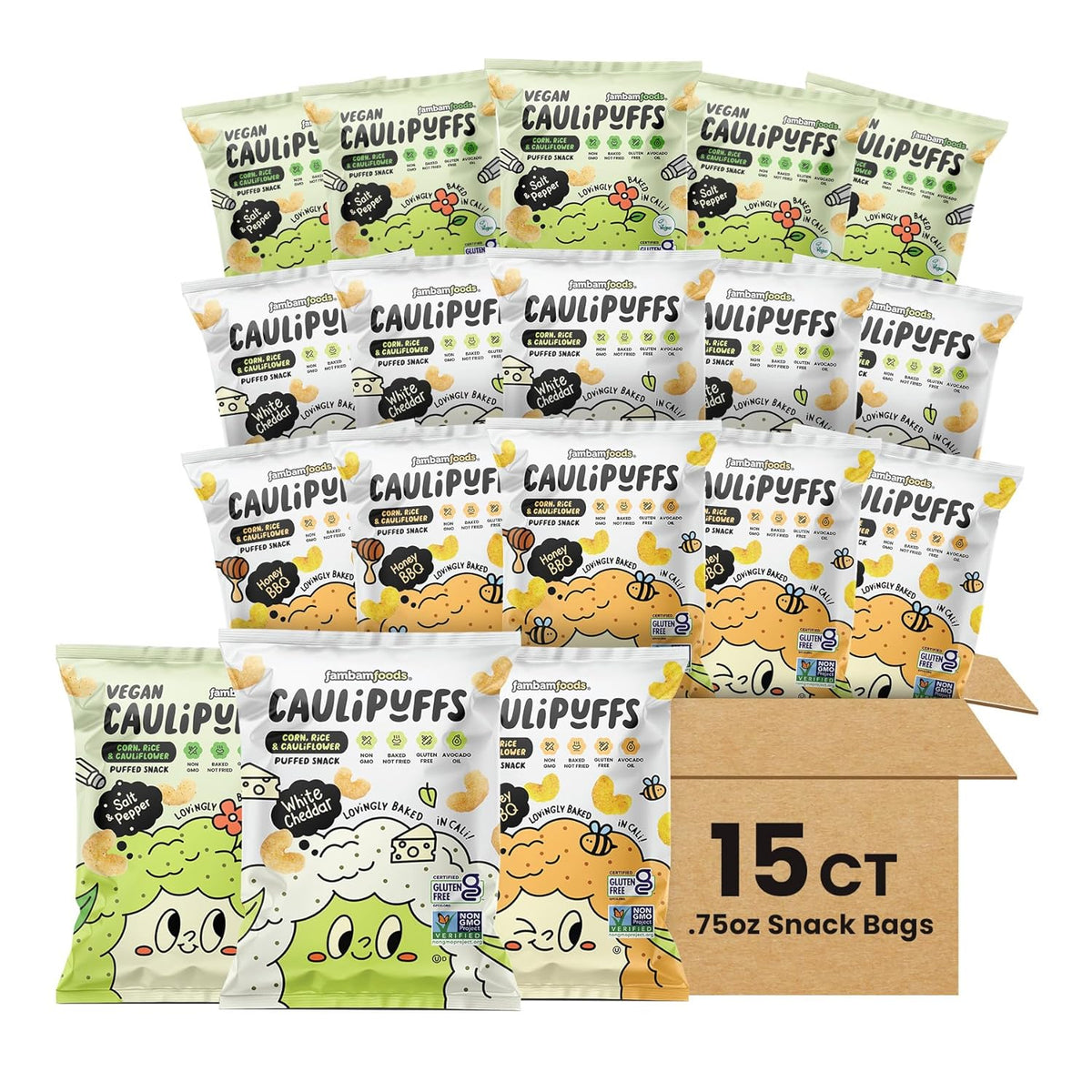 CauliPuffs - Corn, Rice, and Cauliflower Gluten Free Puffed Snack (15 x 0.75oz Bags, Variety Pack)