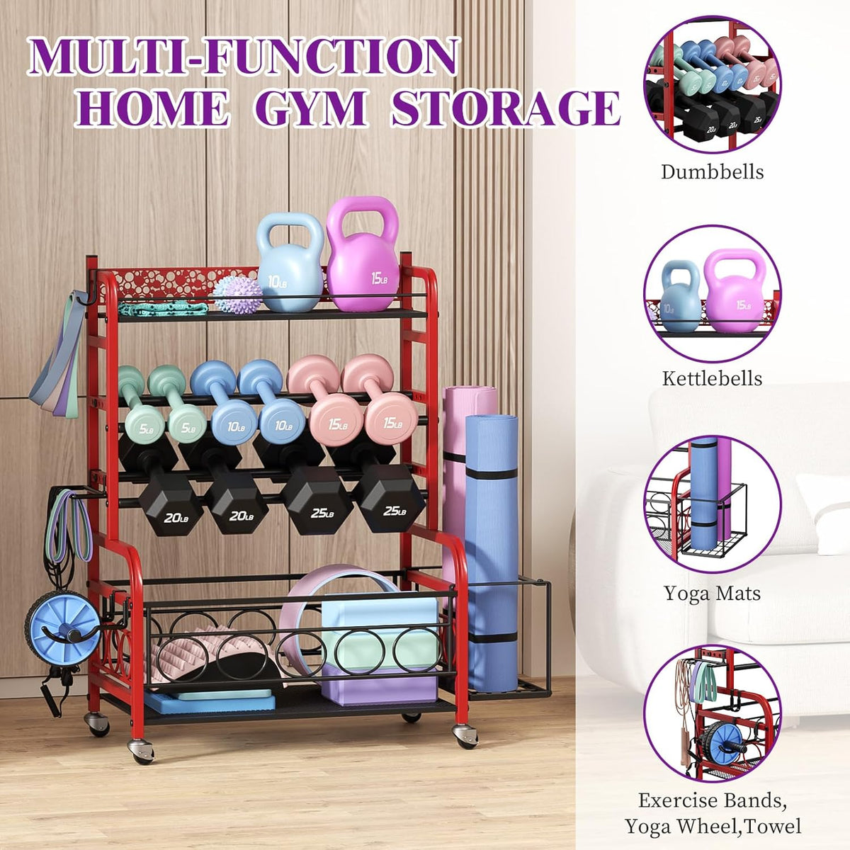 Dumbbell Rack, VOPEAK Weight Rack for Home Gym, Home Gym Storage Rack for Yoga Mat Kettlebells and Strength Training Equipment, Weight Storage Rack for Dumbbells with Wheels