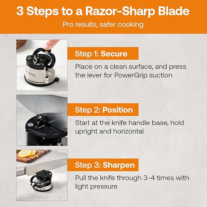 AnySharp – GLOBAL – Hands Free Knife Sharpener - Easy to Use Sharpening Tool with PowerGrip Suction Base and 20-Degree Pre-set Angle - For All Knives: Chef’s, Serrated, and Hardened Steel - Silver